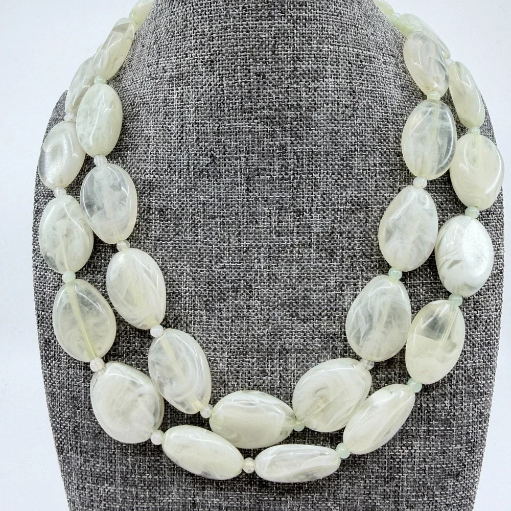 Pale Green Translucent Marbled Bead Double Strand Necklace Statement Jewelry